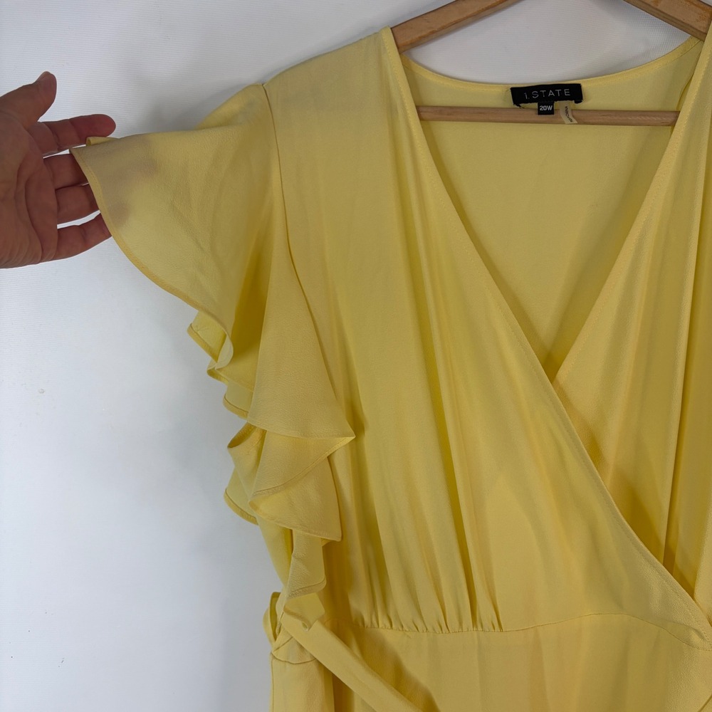 1.STATE Faux Wrap Dress Womens 20W Yellow Ruffle Sleeve Midi V-Neck Belted - Picture 3 of 9